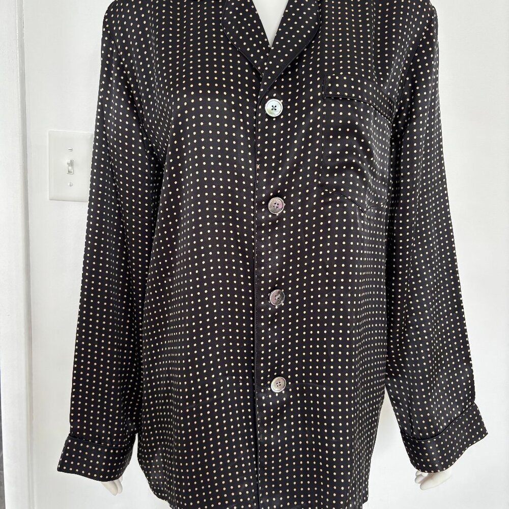 STERLING MAJESTIC Dot 100% Silk Pajama Top Shirt Size M Black
